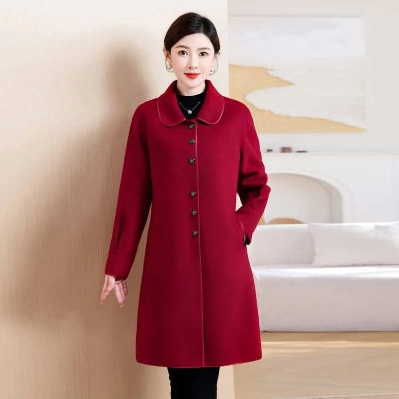 Middle-Aged Women Double-Sided Cashmere Coat Female Temperament Long Slim Outcoat Winter Fleece Lined Thick Warm Casual Outwear