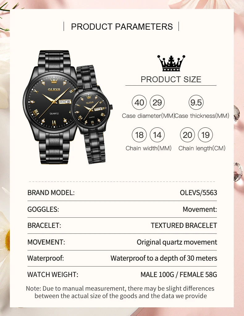 OLEVS 5563 남성 여성을위한 커플 시계 스틸 스트랩 듀얼 캘린더 방수 빛나는 클래식 럭셔리 연인의 석영 손목 시계