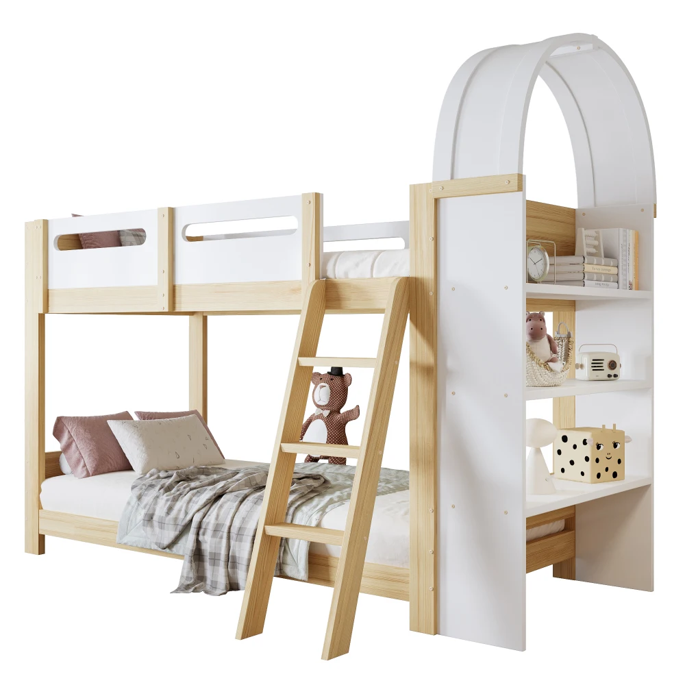 Kinder-Etagenbett mit 3-stufigem Regal, 3-stufiger Leiter und Sicherheitsgitter – stabile Lattenrostkonstruktion, geeignet für Kinderzimmer (ohne Matratze). – Detail 13