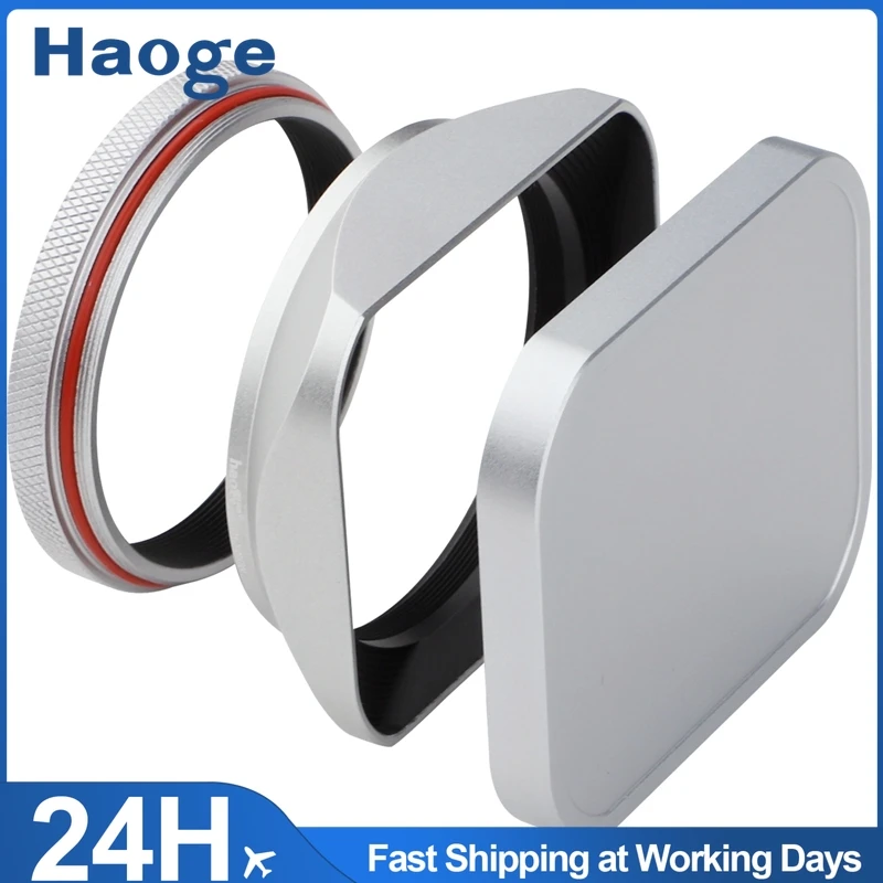 Haoge Square Metal Lens Hood Shade with Cap and 49mm Adapter Ring for Fuji Fujifilm X100VI X100V X100F X100T X100S Camera Silver