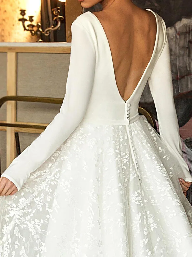 Customized Simple Backless Full Sleeves Appliques Tulle Wedding Dresses For Women 2024 Sweep Train Bride Gowns vestidos de novia