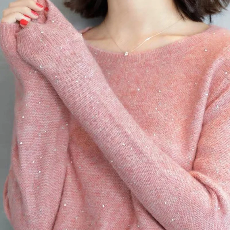 Sequin Pink Sweaters Women Knitted O-neck Pullovers Casual Solid Color Knit Tops Korean Fashion Versatile Bottoming Jumpers