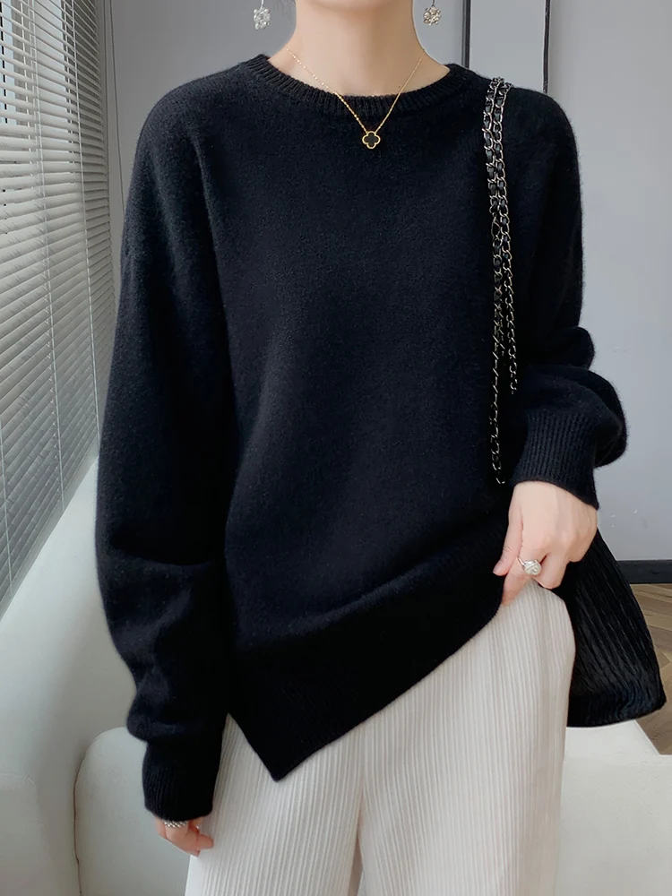 Fashion Elegant Autumn Winter Women O-Neck Cashmere Sweater 100% Merino Wool Pullover Loose Comfort Female Knitwear Clothing