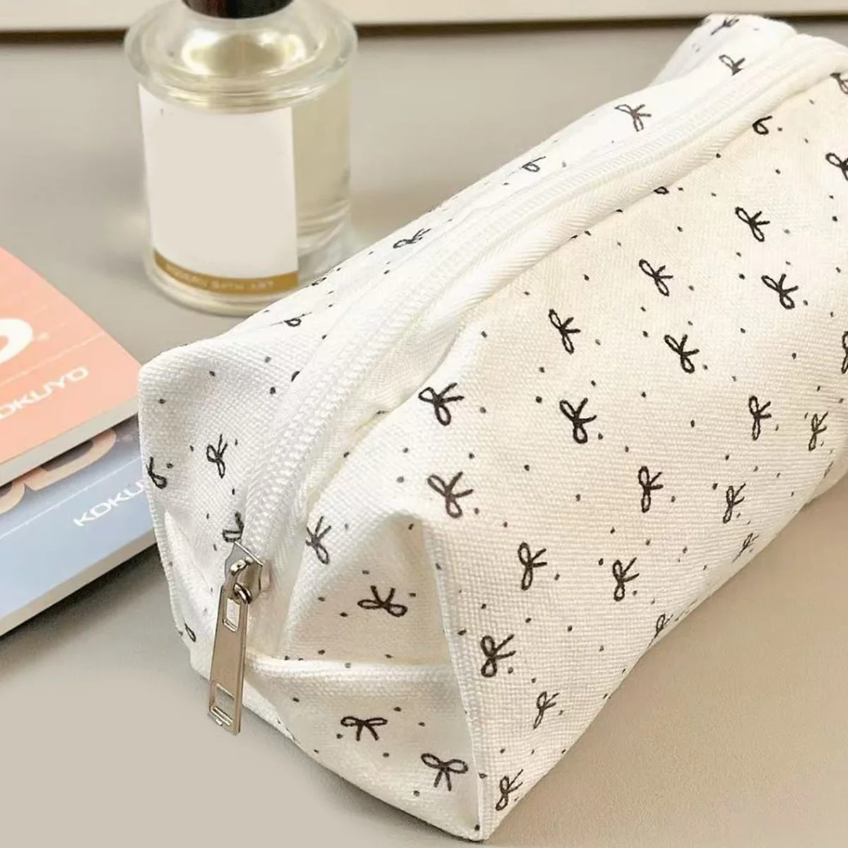 1 beautiful canvas pencil pouch, creative bow pattern zipper pencil pouch and desk organizer, essential school supplies view 5