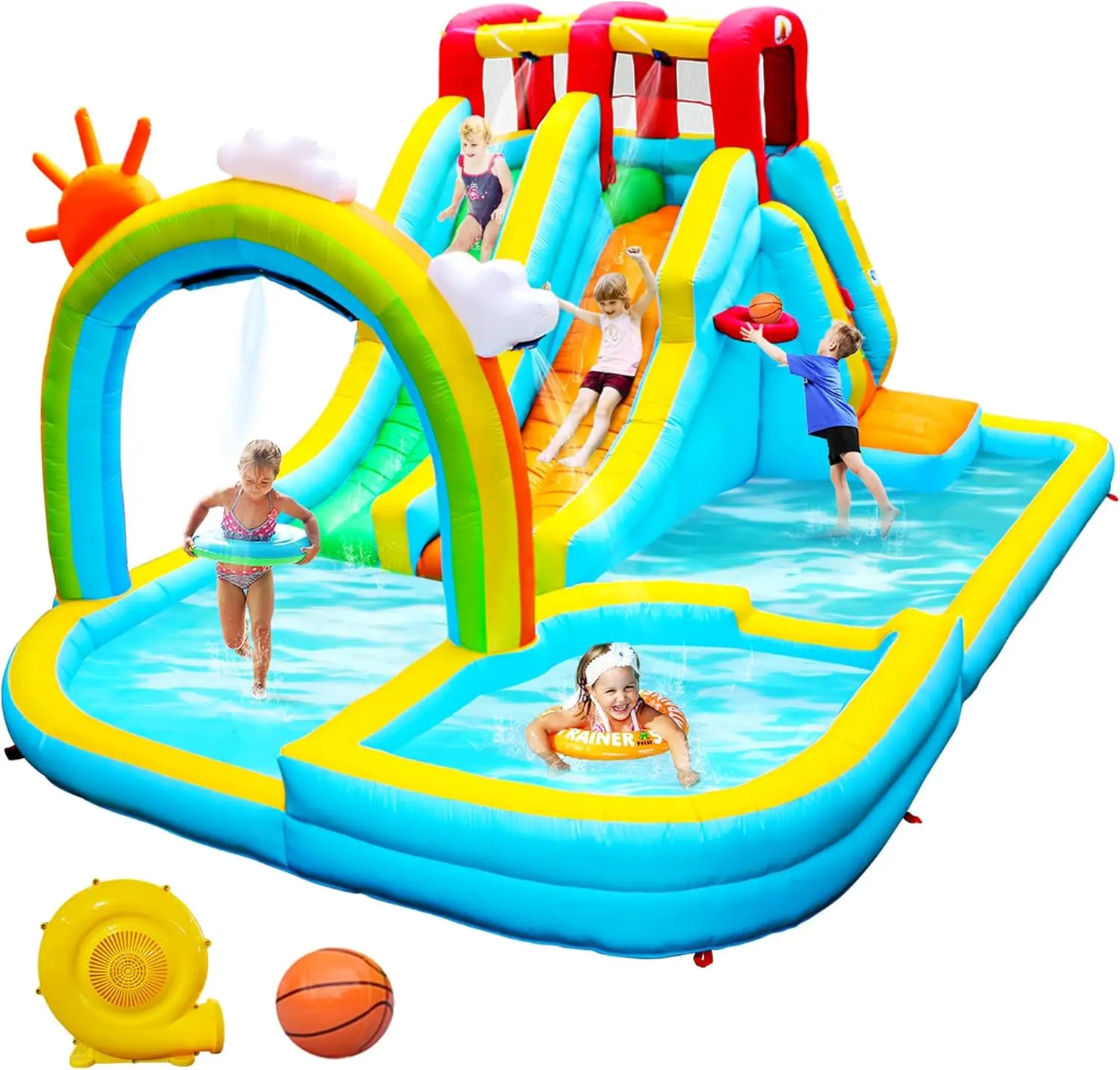 Water Double Slides Park with Blower, Bouncy Castle with Rainbow Water Curtain, with Shooting and Rock Climbing