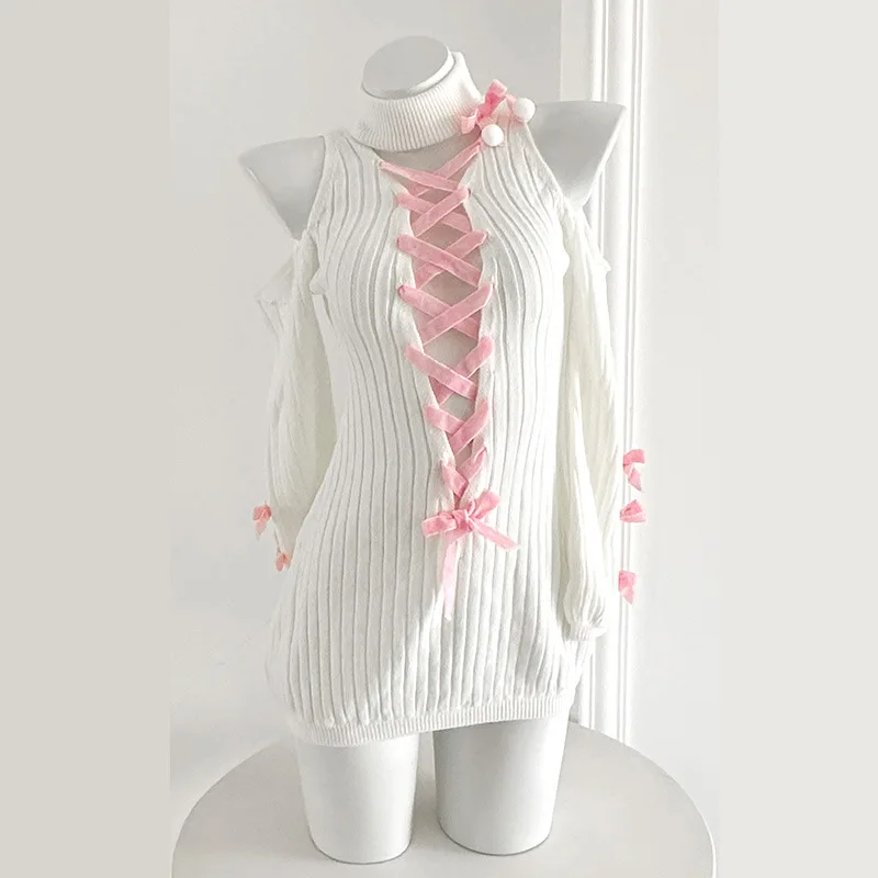 

Sweet Anime Girl Cosplay Costume Sexy Hollow Dress Sweater With Pink Bowknot Outfit Lolita Role Play Lingerie Christmas Gift