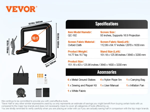 VEVOR Pantalla de Proyección Inflable Pantalla de Cine al Aire Libre 16:9 de 16 Pies con Lienzo de Ventilador 287x163 cm Proyección Trasera