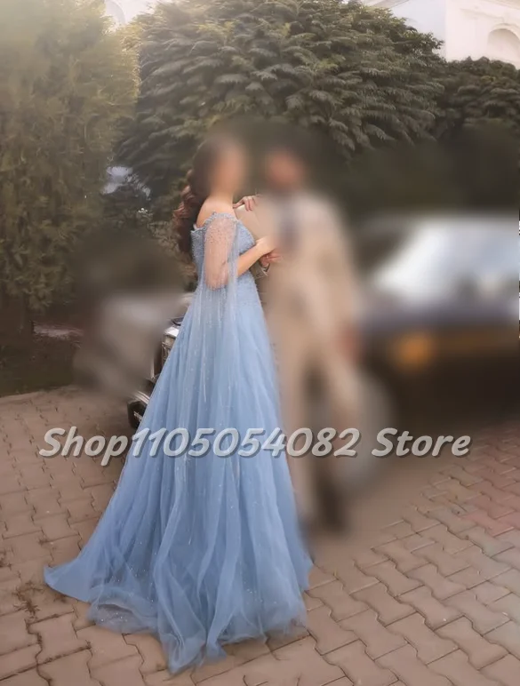 Customised Luxury Wedding Dresses Light Blue Wedding Dress with Beading and Rhinestones A-line Floor-length Wedding Dress