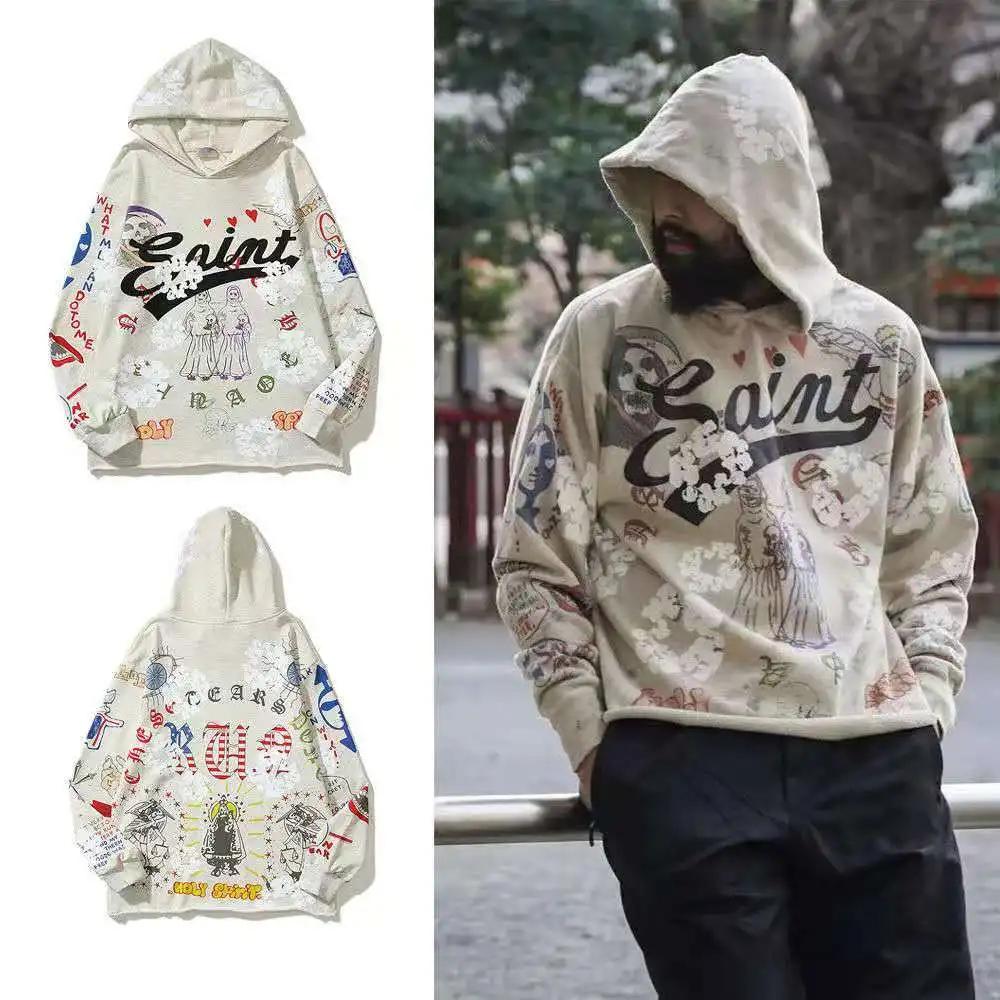 Khaki Hoodies Scrawl Saint Letter Streetwear Sweatshirts Pullover Hooded Casual Tops