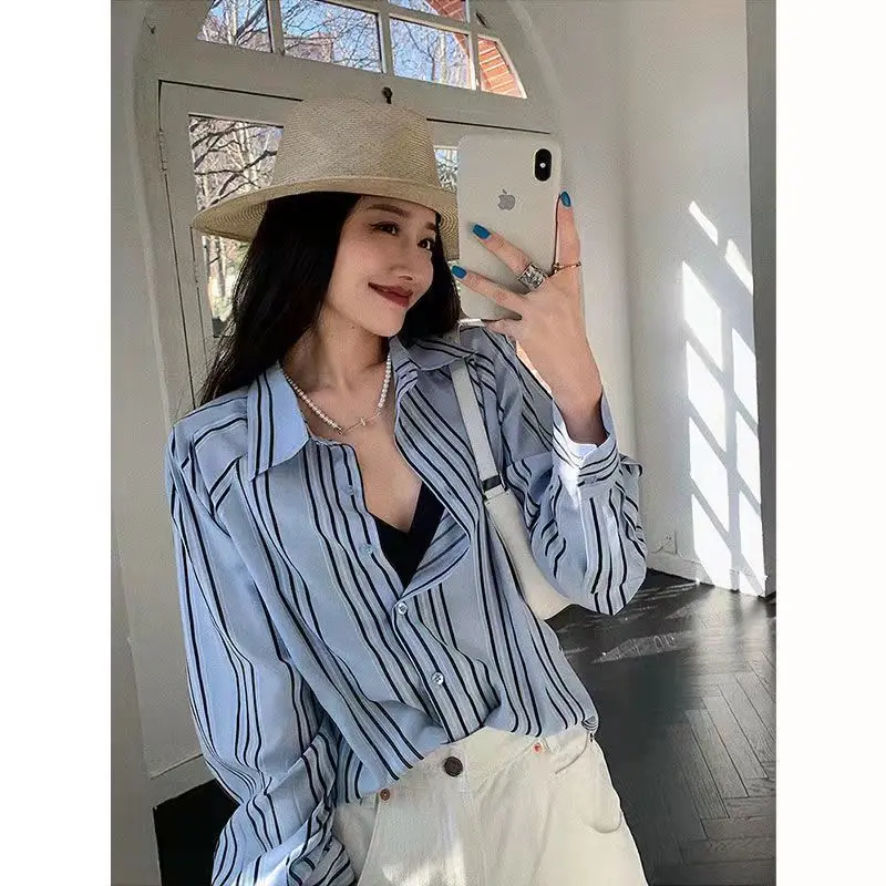 Generous Women's Clothing Dignified Turn-down Collar Button Temperament Spring Summer Skinny Striped Blouses Office Lady Casual