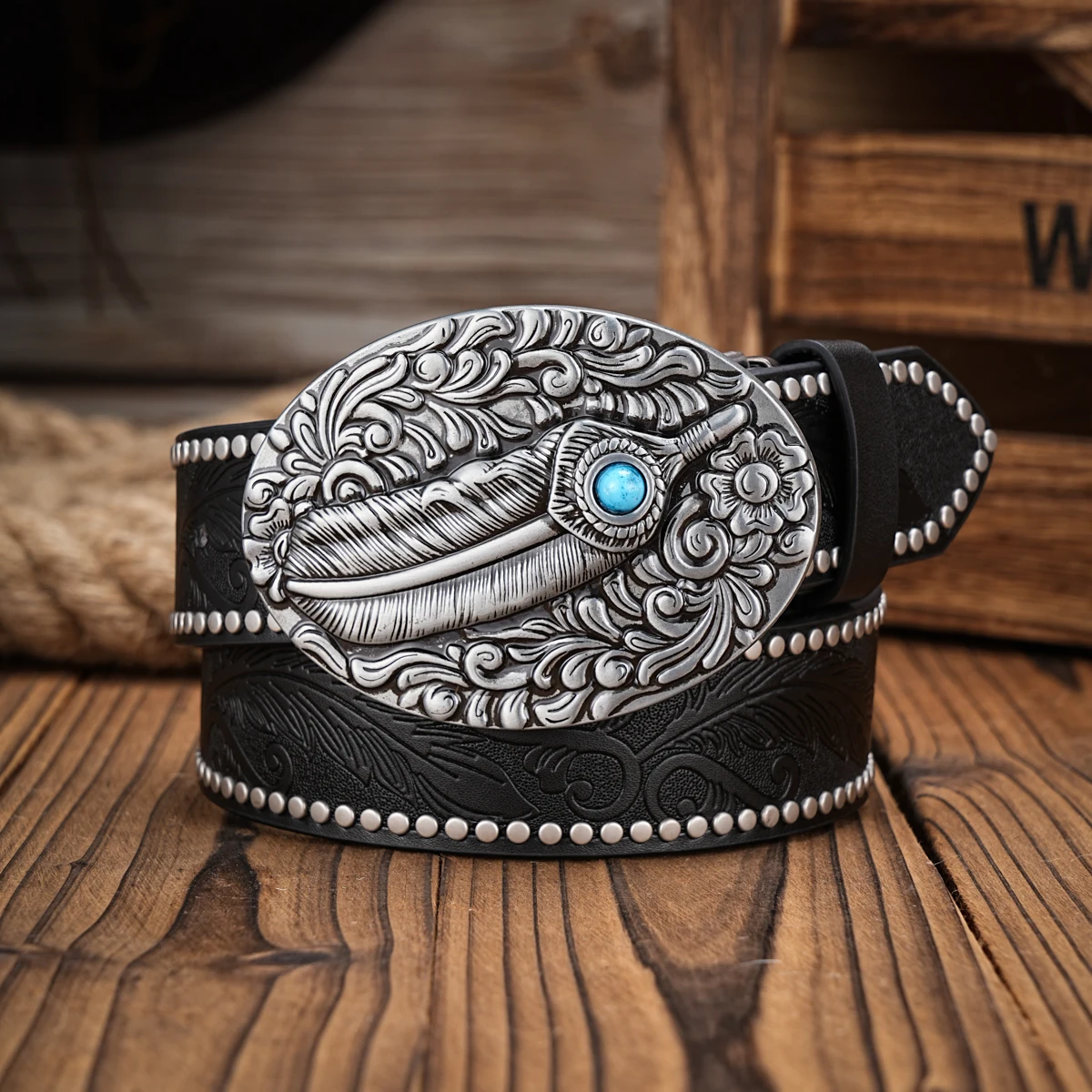

Men & Women-Western-Cowboy-PU Leather-Belts - Vintage horse Belt Floral Engraved Buckle Belt for Jeans