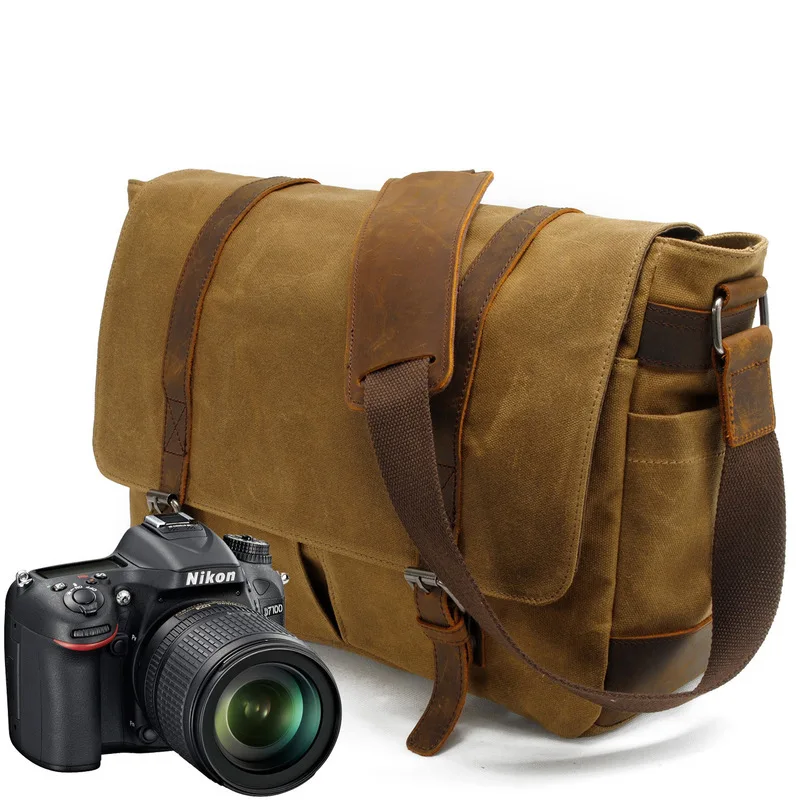 Men's bag Camera bag Casual shoulder bag Batik canvas withCrazy Horse leather DSLR waterproof photography bag Crossbody bag
