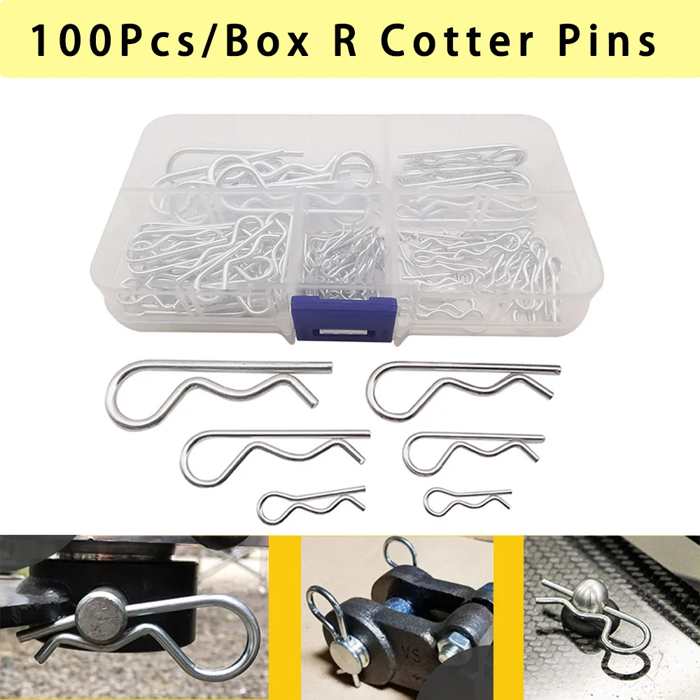 

100Pcs/Box R Type Cotter Pin Wave Shape Hook Fixing Clips Metal R Shaped Hitch Pin Clamp Kits For Car Tractor Truck Lawn Mower