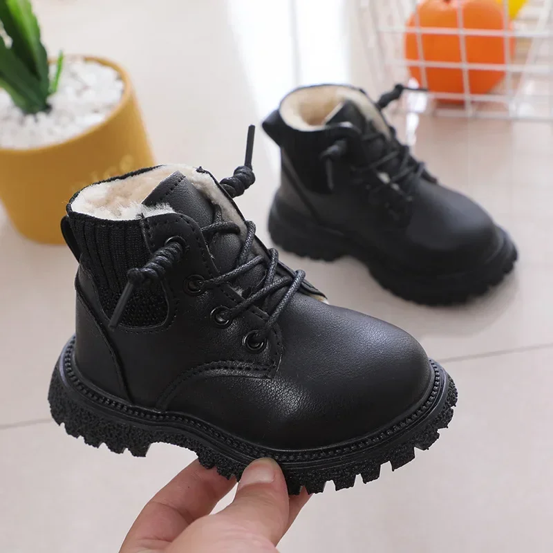 Rindu Children\'s Martin boots with cotton and thick leather, waterproof boys\' cotton shoes and plush leather boots