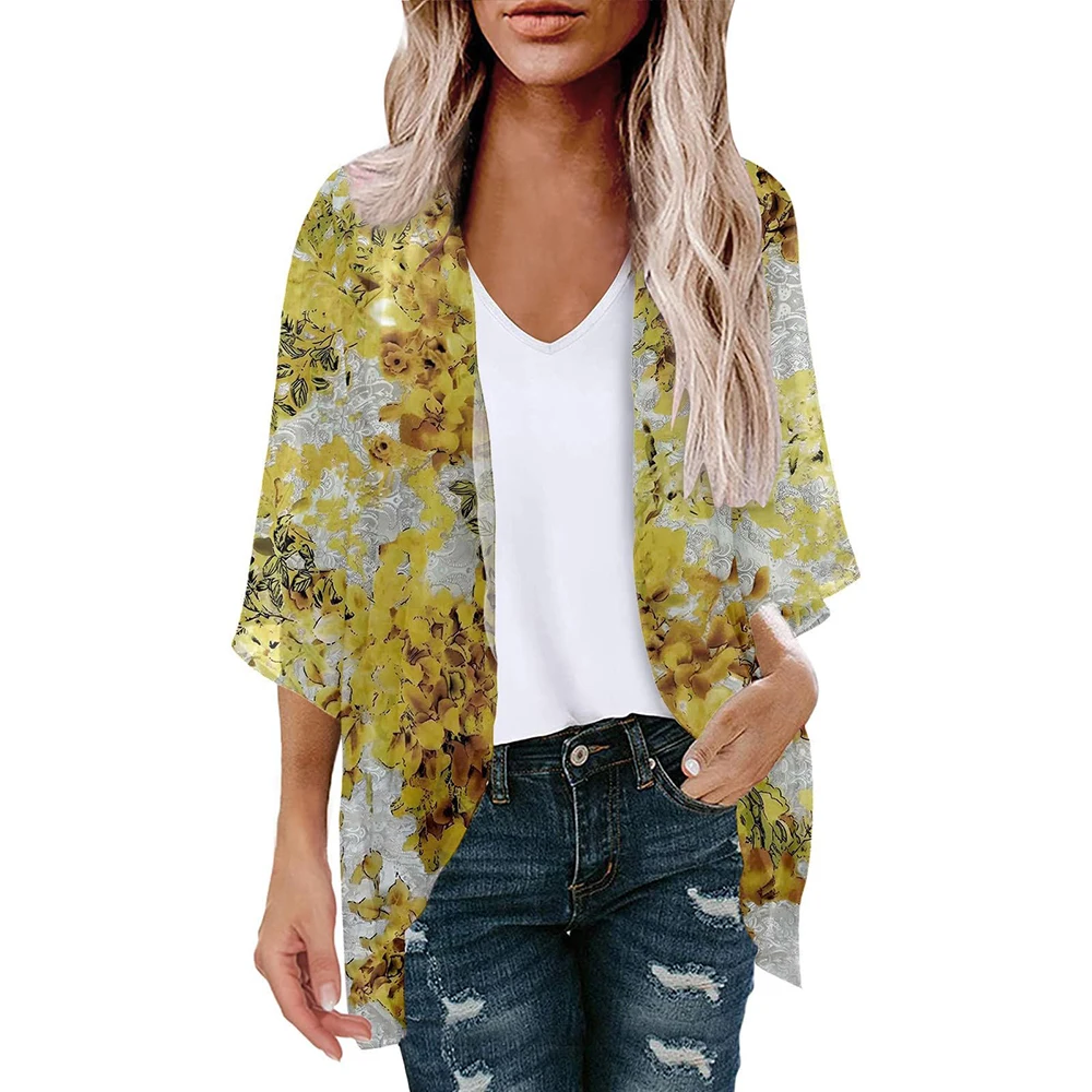 New Women\'s Tops Loose Floral Print Chiffon Coverups Beach Swim Bikini Kimono Cardigan Puff Sleeve Cover Ups Blouse for Swimwear