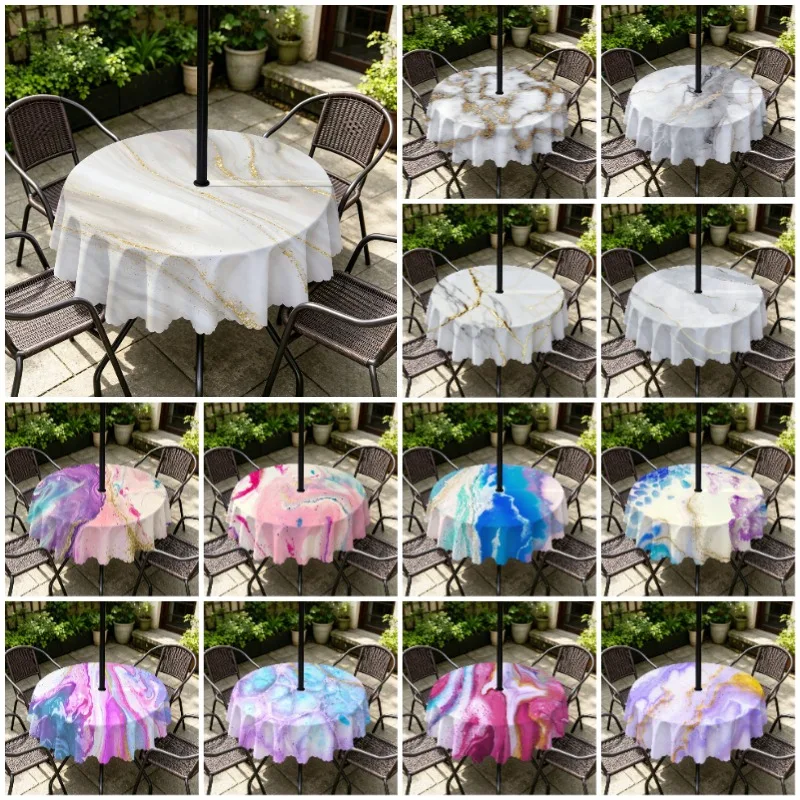 Outdoor Umbrella Hole Round Table Cover Draping Waterproof Oil-proof Dining Picnic Camping Courtyard Patio Party Tablecloth