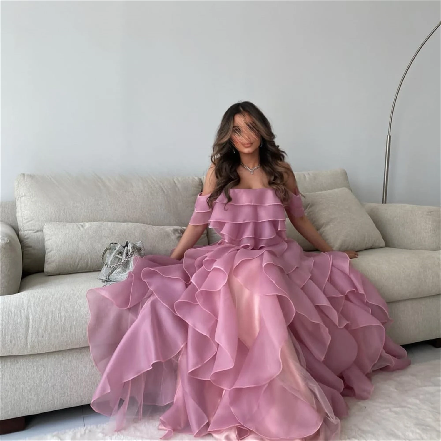 Warstwowe długie luksusowe suknie wieczorowe 2025 falbany sukienka na studniówkę różowe eleganckie suknie Eid Al-fitr Organza Party Dress