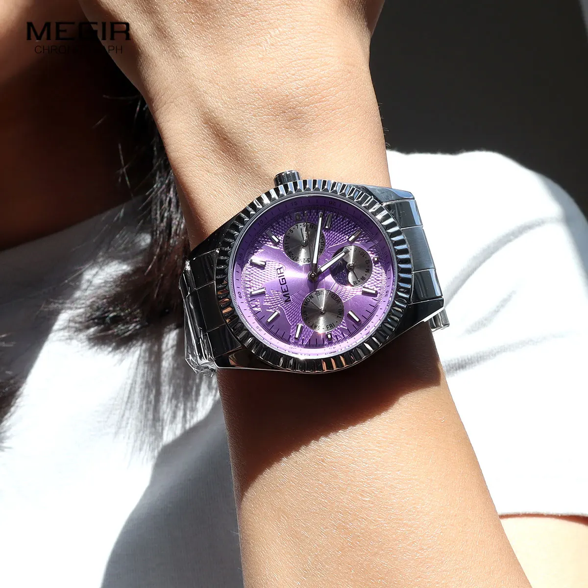스테인레스 스틸 스트랩이 있는 MEGIR 남성용 쿼츠 시계 데이 날짜 24시간 달의 위상 기능이 있는 패션 비즈니스 스타일 손목시계