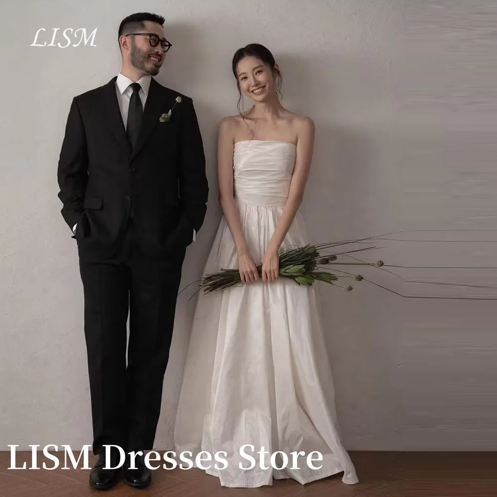 

LISM Simple A-Line Korea Wedding Dresses Photo Shoot Soft Taffeta Sleeveless Floor Length bridal Gowns웨딩드레스Customized Corsets
