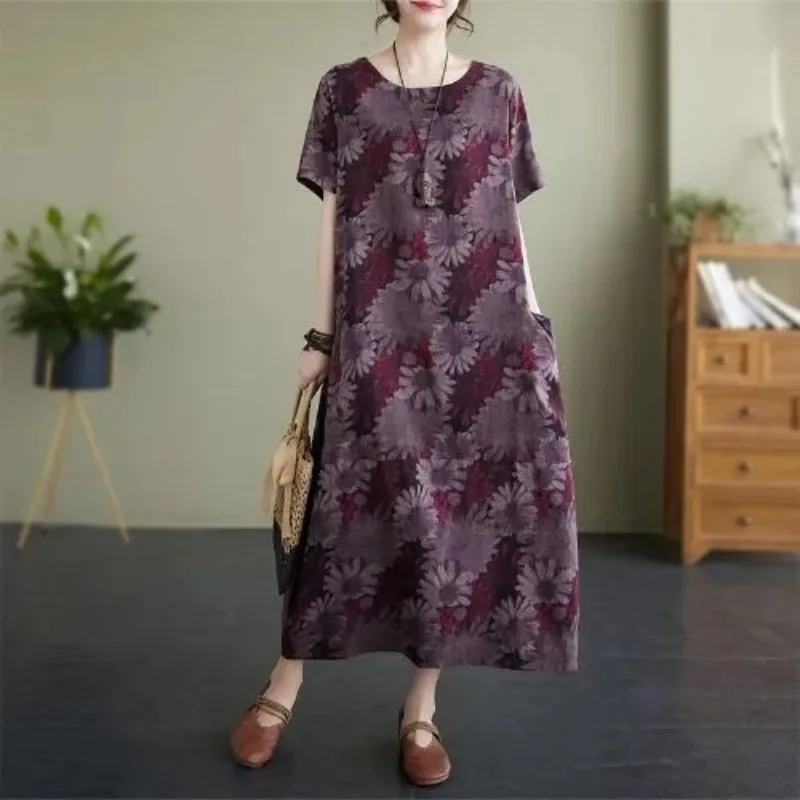 Women's Floral Print Cotton Linen Dress Short Sleeve Loose Casual Long Dress