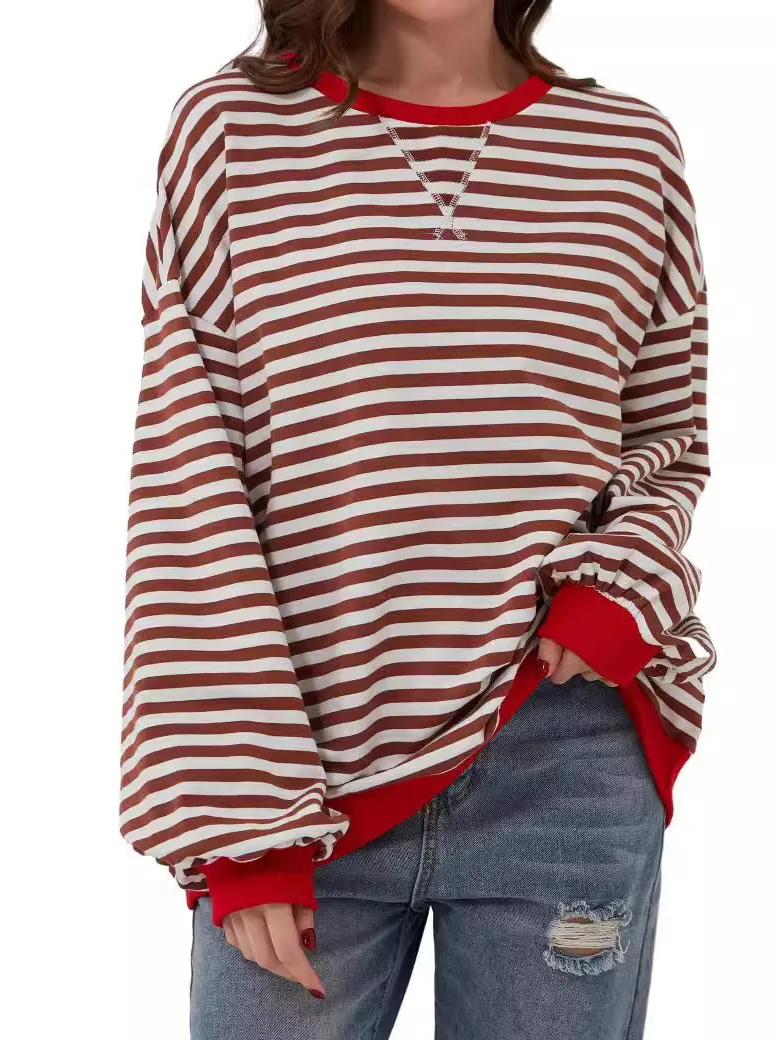 Women's Loose Casual Striped Hoodie Comfortable Cotton T-irt Printed Design Spring Autumn Thiened Version Faionable Str...