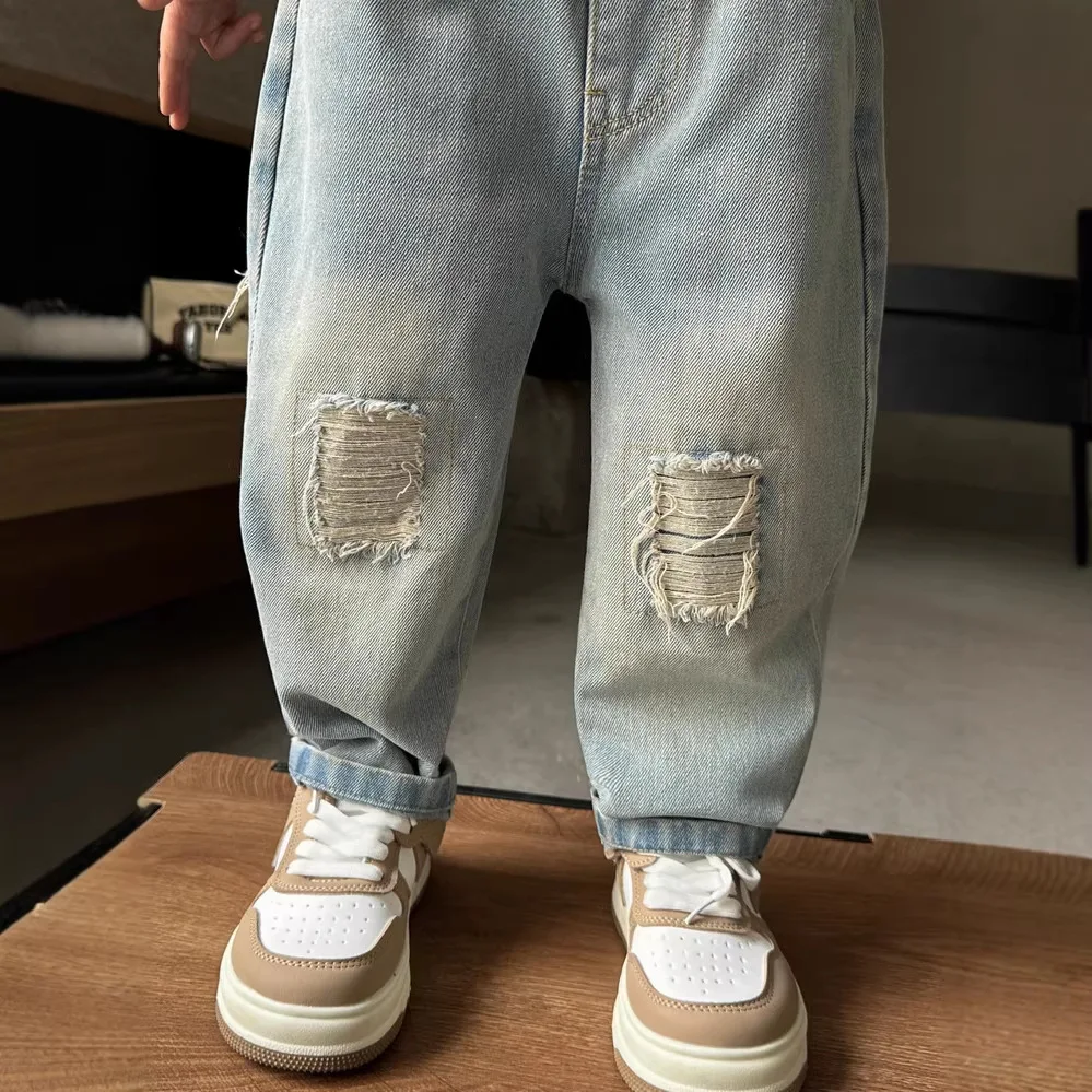 Boys' Ripped Jeans 2026 Spring New Trendy Casual Cargo Jeans Loose Fit Trousers