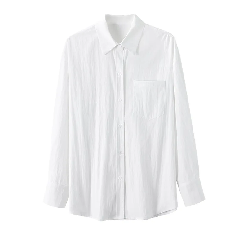 Camicette bianche da donna vintage con una tasca Manica lunga Coreano Casual Office Lady Camicie larghe Top Donna 2025 Nuova primavera autunno