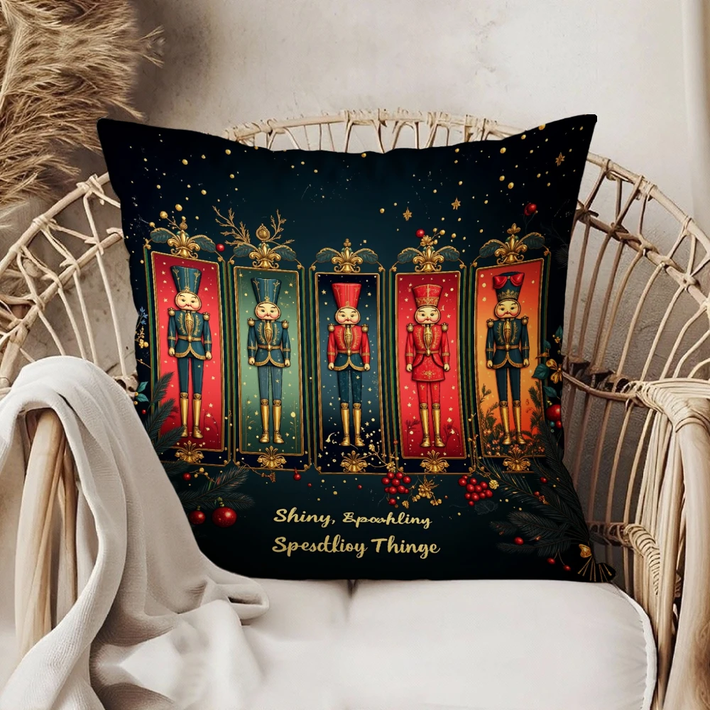 Square Throw Pillow Case Dark Blue Vintage Christmas Nutcracker Soldiers Shiny Sparkling Special Things Print For Home Sofa