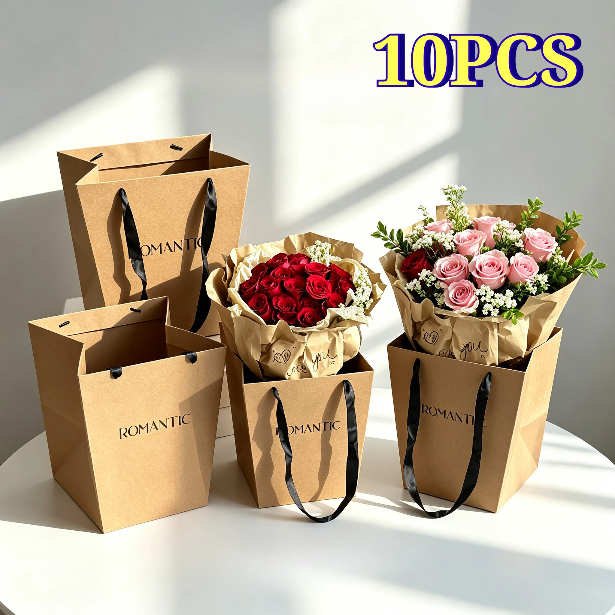 Kraft Paper Flower Carrying Bag Trapezoidal Bouquet Packaging Handbag Portable Gift Tote for Wedding Florist Supplies
