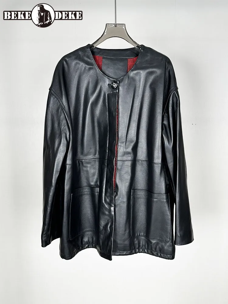 

Женская куртка из натуральной кожи с круглым вырезом, однобортная, свободного кроя, повседневная, средней длины, из натуральной овчины, модная уличная одежда