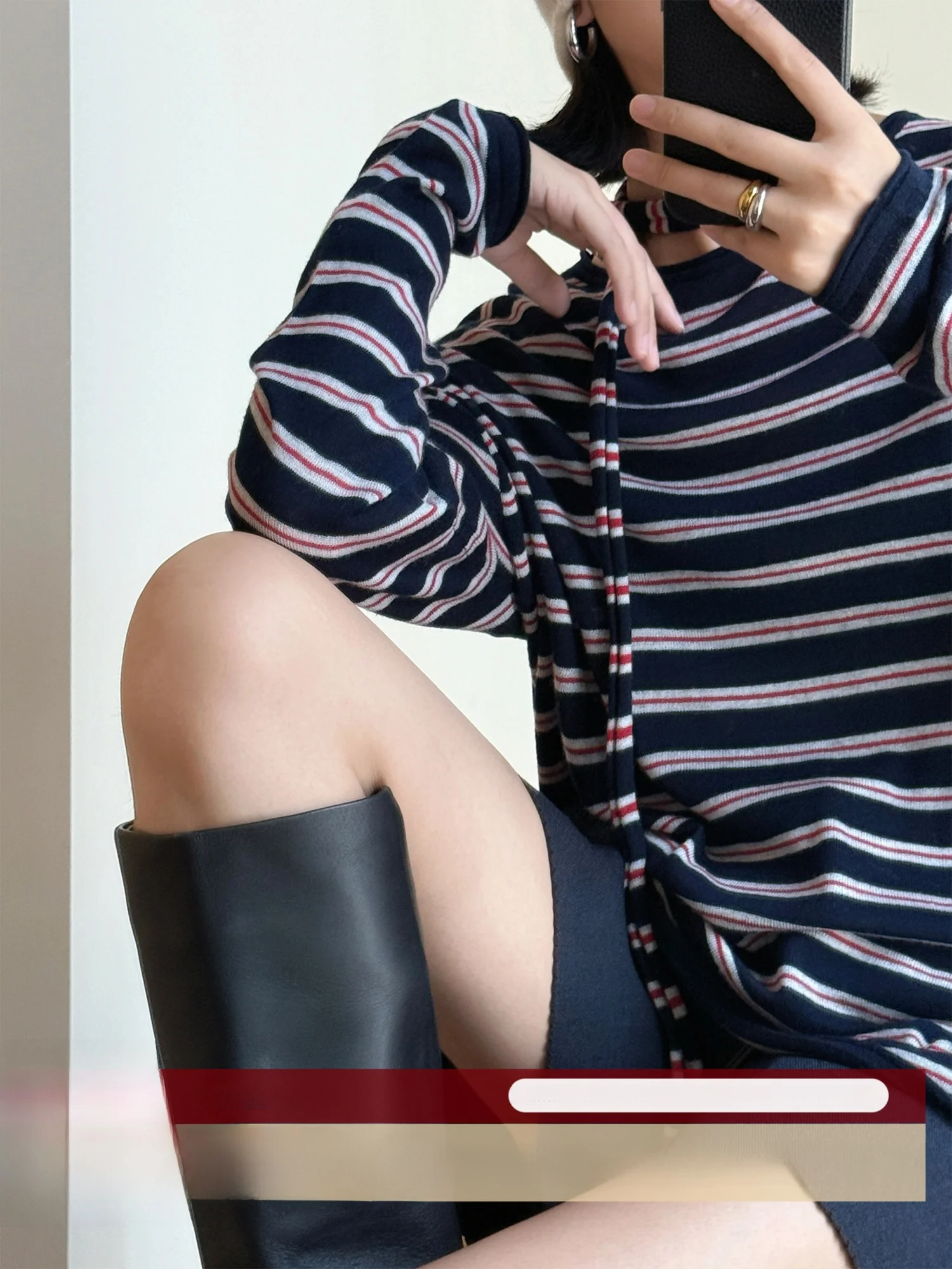 

WANGER Soft Wool Blend Striped Knit T-irt Loose Long Sve round Ne Casual Faion Women's Premium Quali Polyester