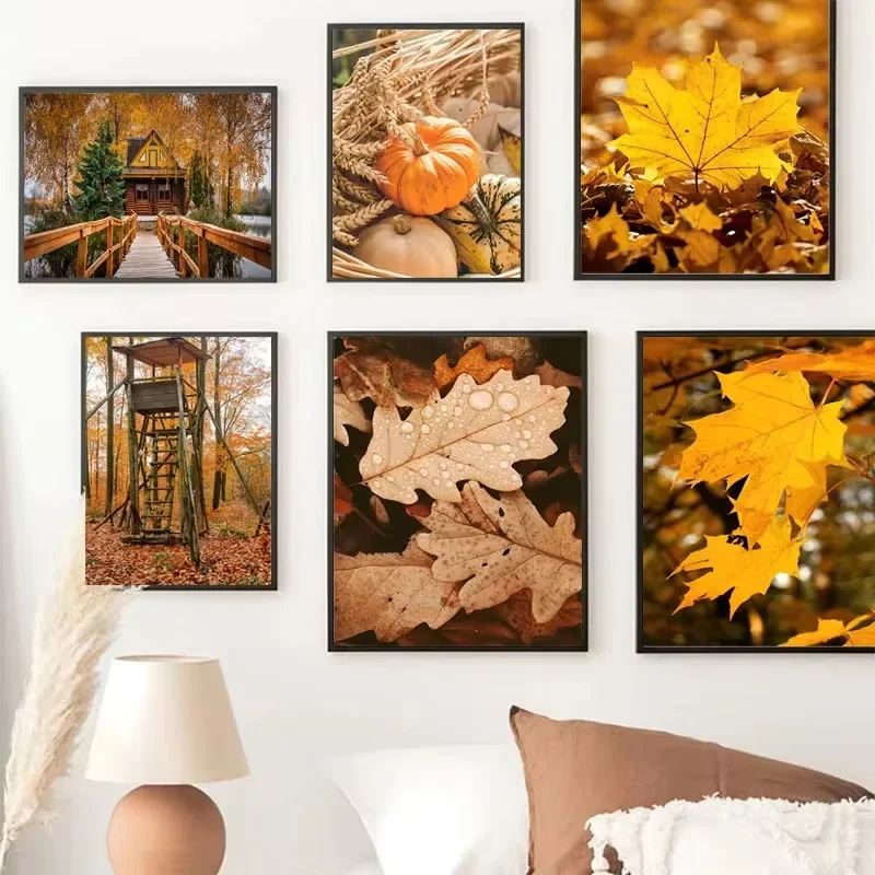 Modern autumn landscape pumpkin squirrel maple leaf deciduous wooden house living room bedroom decoration hanging painting core