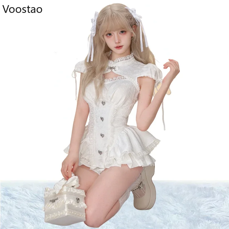 Gothic Y2k Mini Dress Shorts Set Women Sweet Ruffles Lace Bow Patchwork Cake Dress Skirts Suits Female Korean Streetwear Outfits