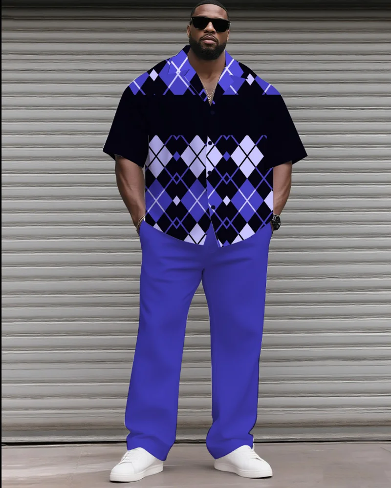 

S-9XL Мужская рубашка больших размеров в клетку с цветными блоками и короткими рукавами, комплект из 2 предметов, уличная одежда, свободный крой, лето