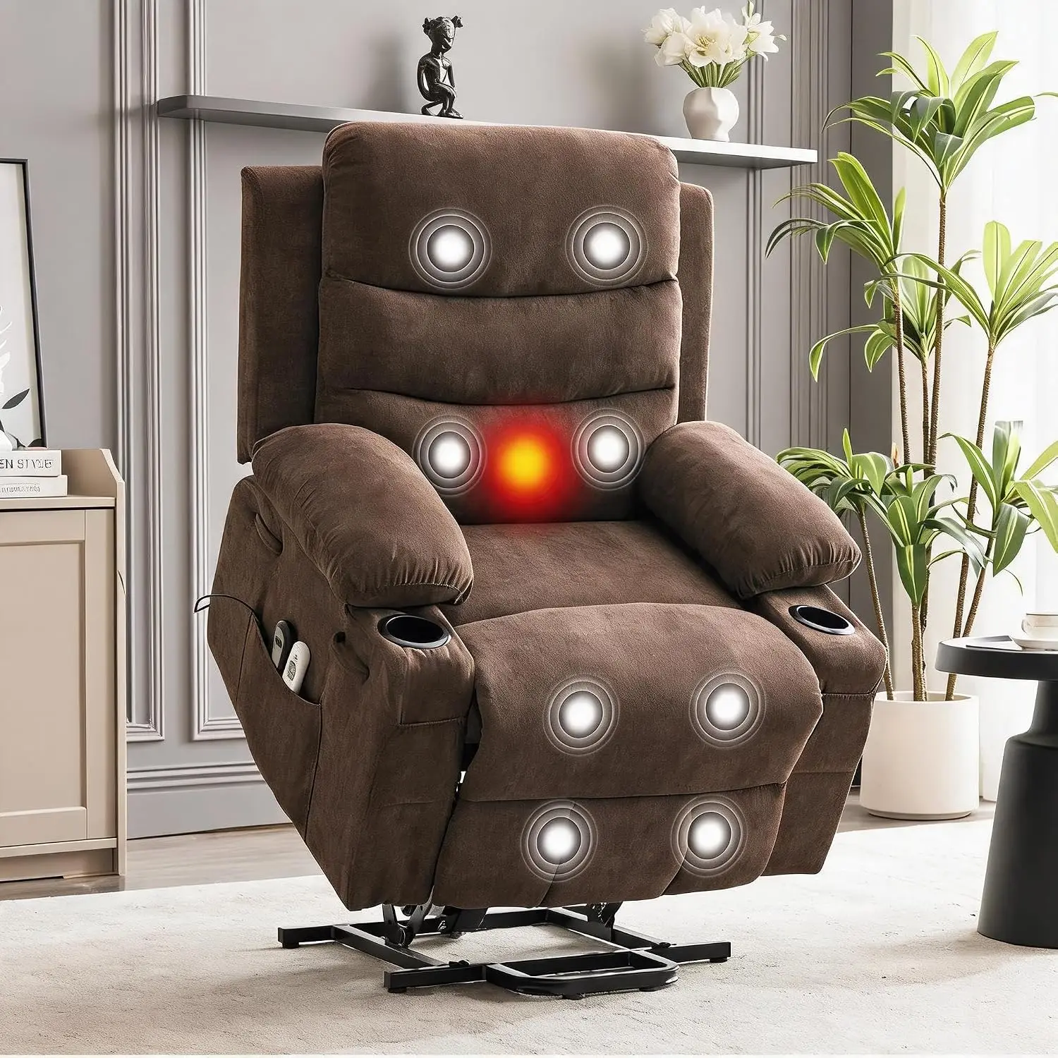 Garvee Oversized Power Lift Recliner Chair Stretch Recliner Chair  for Big & Tall Adults Electric Stand Assist, Massage & Heat, USB Charging, Dual Cup Holders - Wide 54Inch Seatn