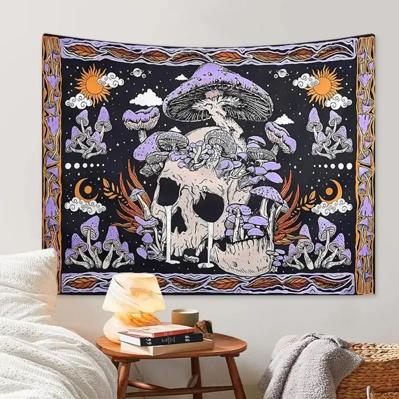 VIKAMA Purple Mushroom Skull Tapestry Sun Moon Star Celestial Print Wall Hanging Polyester Cloth Bedroom Gothic Witchy Decor