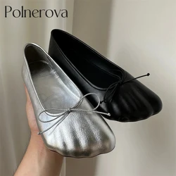 Five Fingers Flats Luxurious Leather Ballet Shoes Novel Design Slip-On Shoes Butterfly Knot Silver Black Leather Flats for Women