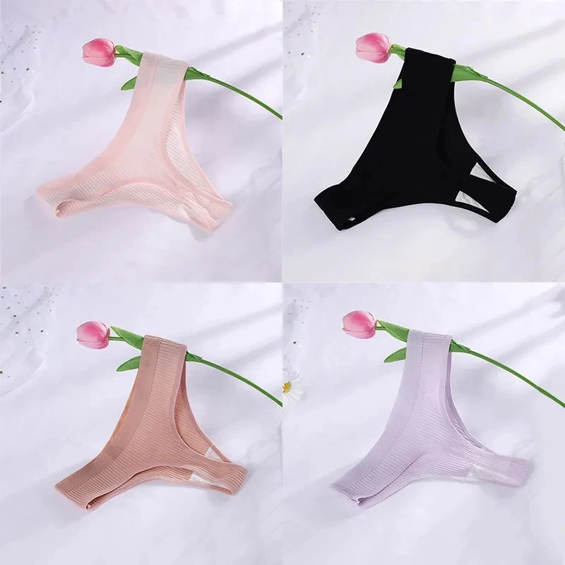

Sexy Women's G-strings Panties Comfortable Cotton Low Waist Brief For Women Solid Color Ribbed Thongs Female Underwear Lingerie