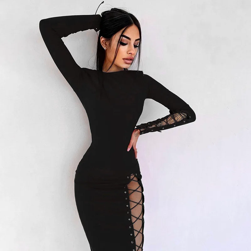

Women's Stylish Medium Dress Solid O-Neck Long Sleeves Drawstring Decoration Women Split Hem Pencil Dresses Autumn Winter