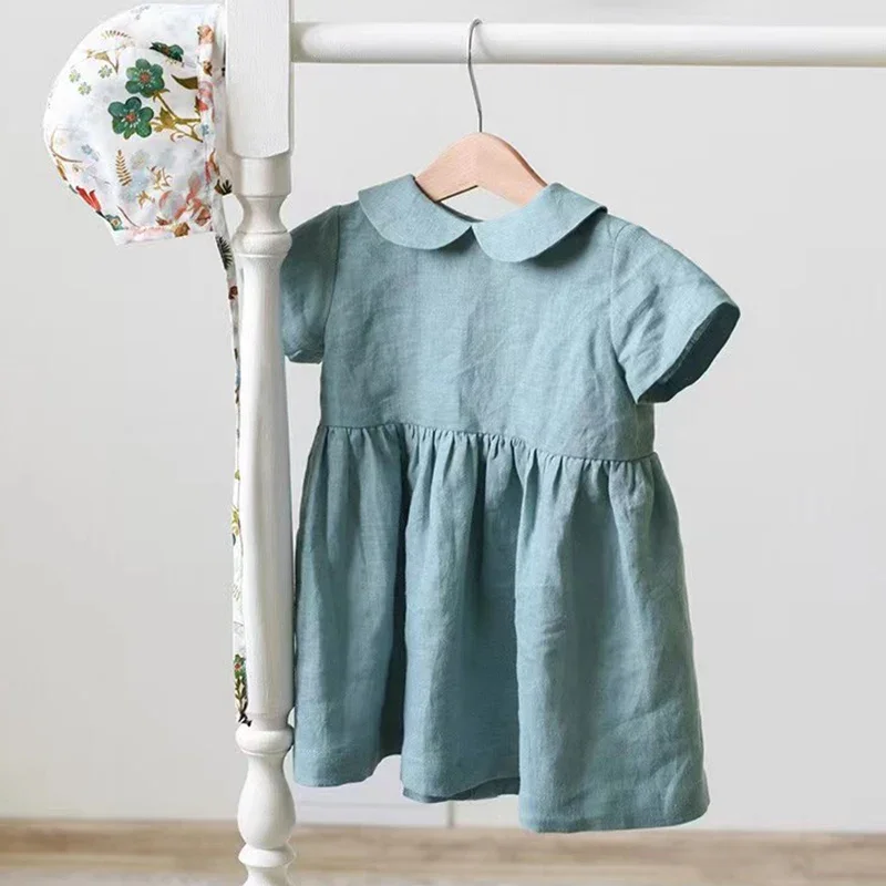 Infant Baby Dress Summer Toddler Solid Cotton Simple Baby Girls Home Dress Kids Casual Clothes Ruffle Decoration Princess Dress