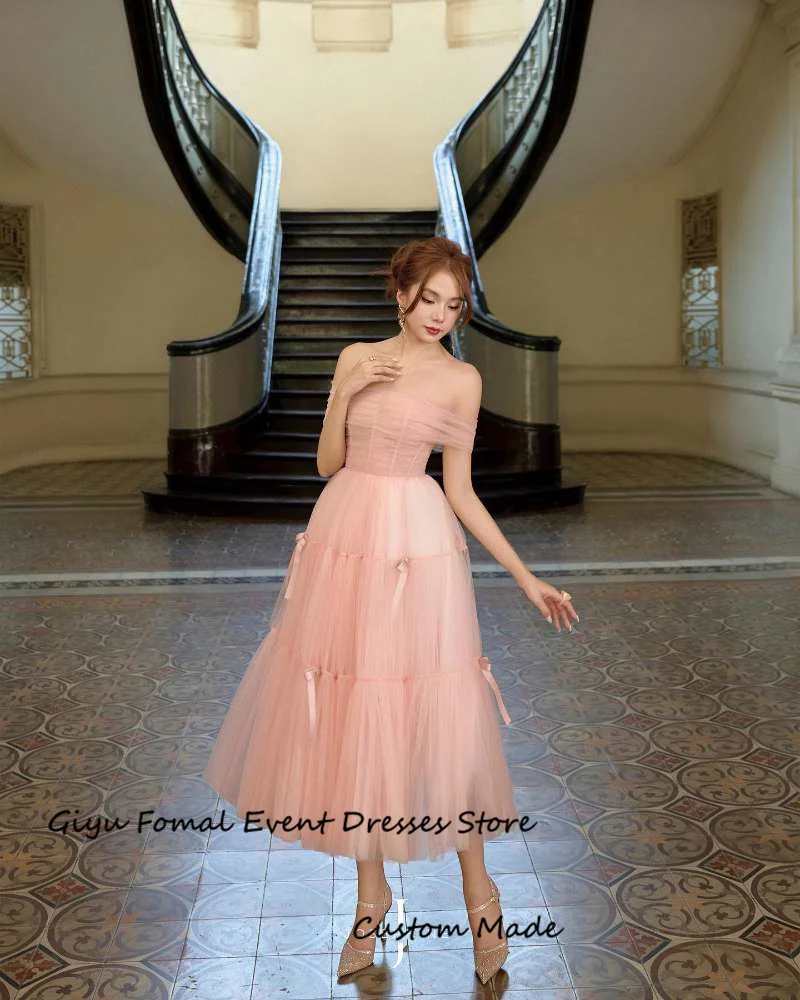 Giyu Blush Pink Tulle Evening Party Dresses With Bolero Tiered Ribbon Tea Length Prom Gowns Formal Event Dress