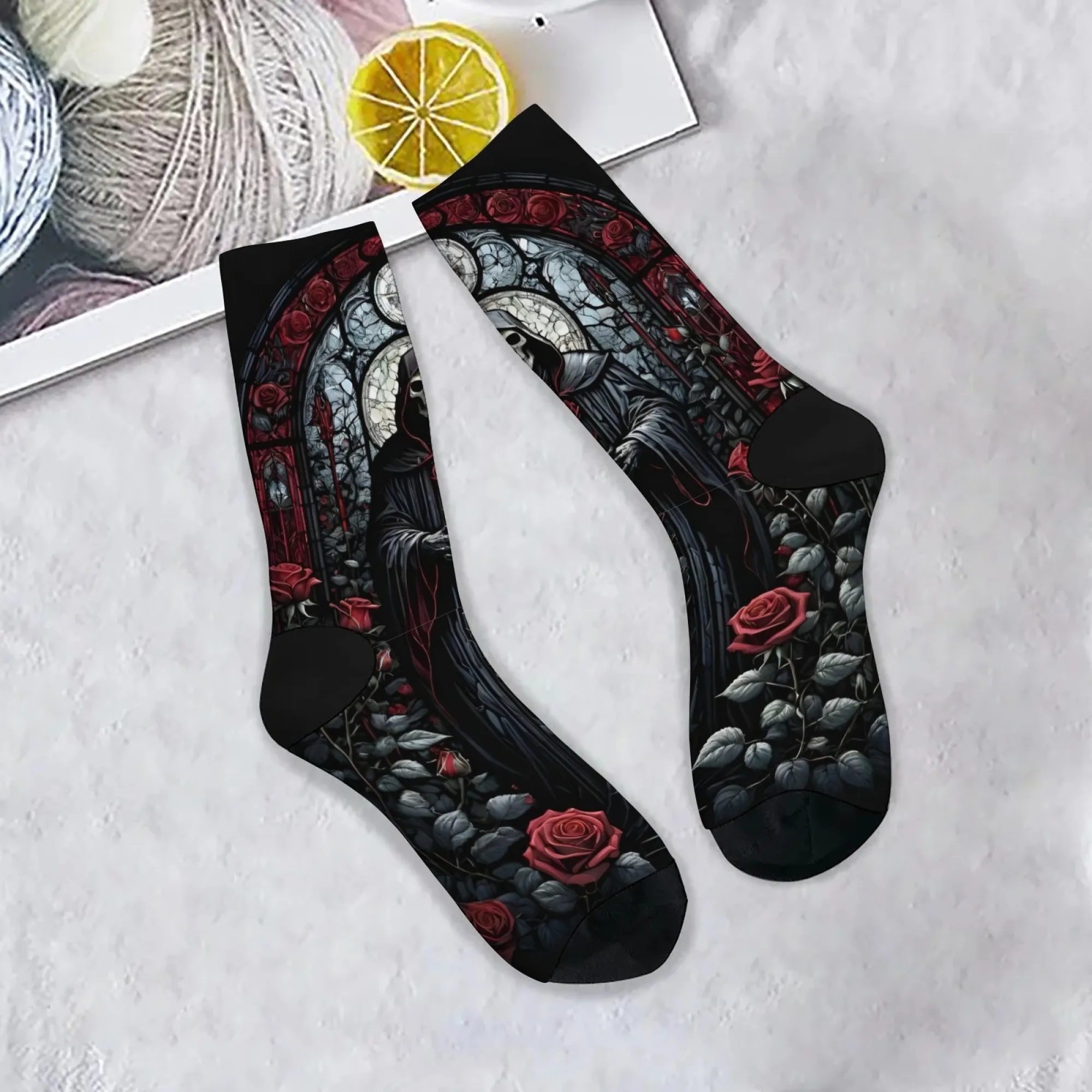 Gothic Stained Glass Grim Reaper Red Rose Men's Socks Soft Breathable Stretch Night Punk Bar Party Street Fashion Novelty Socks