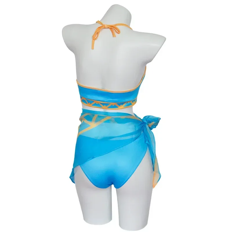 Summer Swimwear Zelda Sexy Swimsuit Cosplay Zelda Ears Golden Straight Wig Soft Blue Bikini Set COSPLAY Princess Zelda Swimsuit