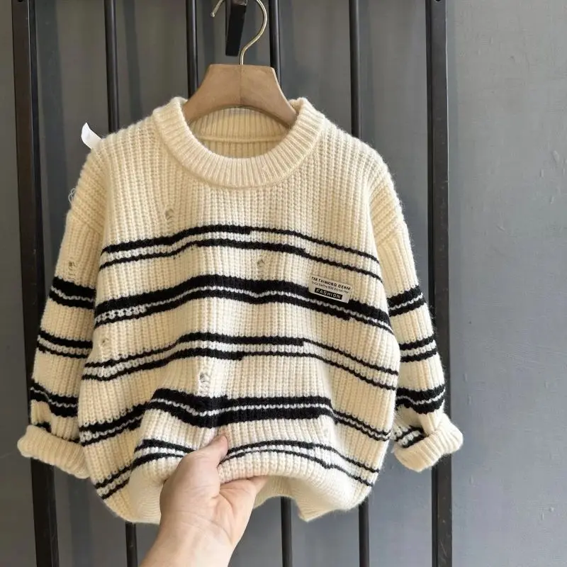

Boys' pullover sweater autumn and winter new style children's thick striped knitted sweater trend