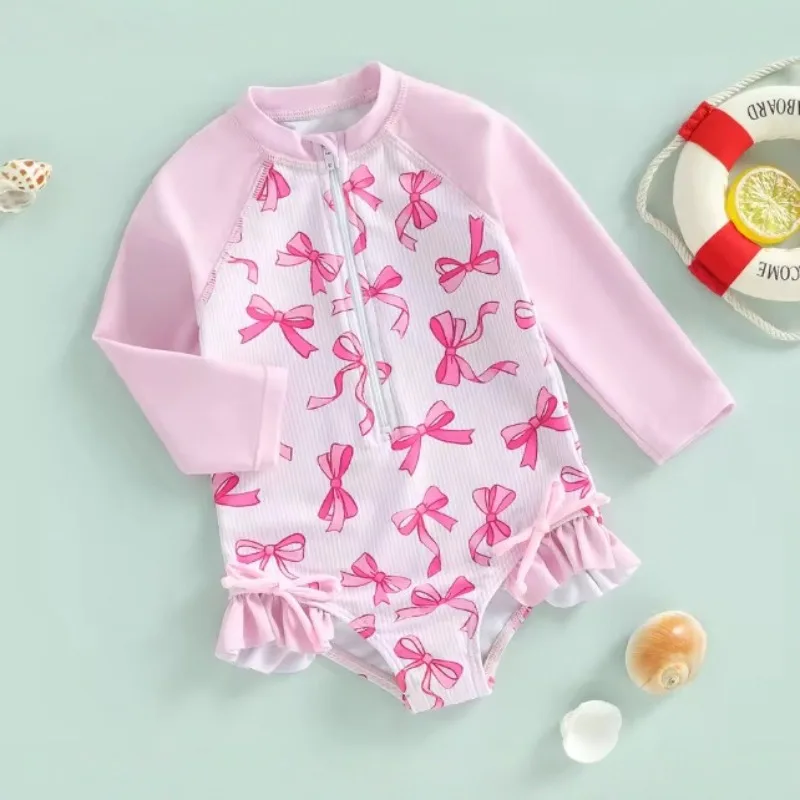Girls One-piece Swimsuit Cute Bowknot Print Sun-protective Long Sleeve Zipper Quick-Dry Triangle Swimwear Baby Bathing Suit
