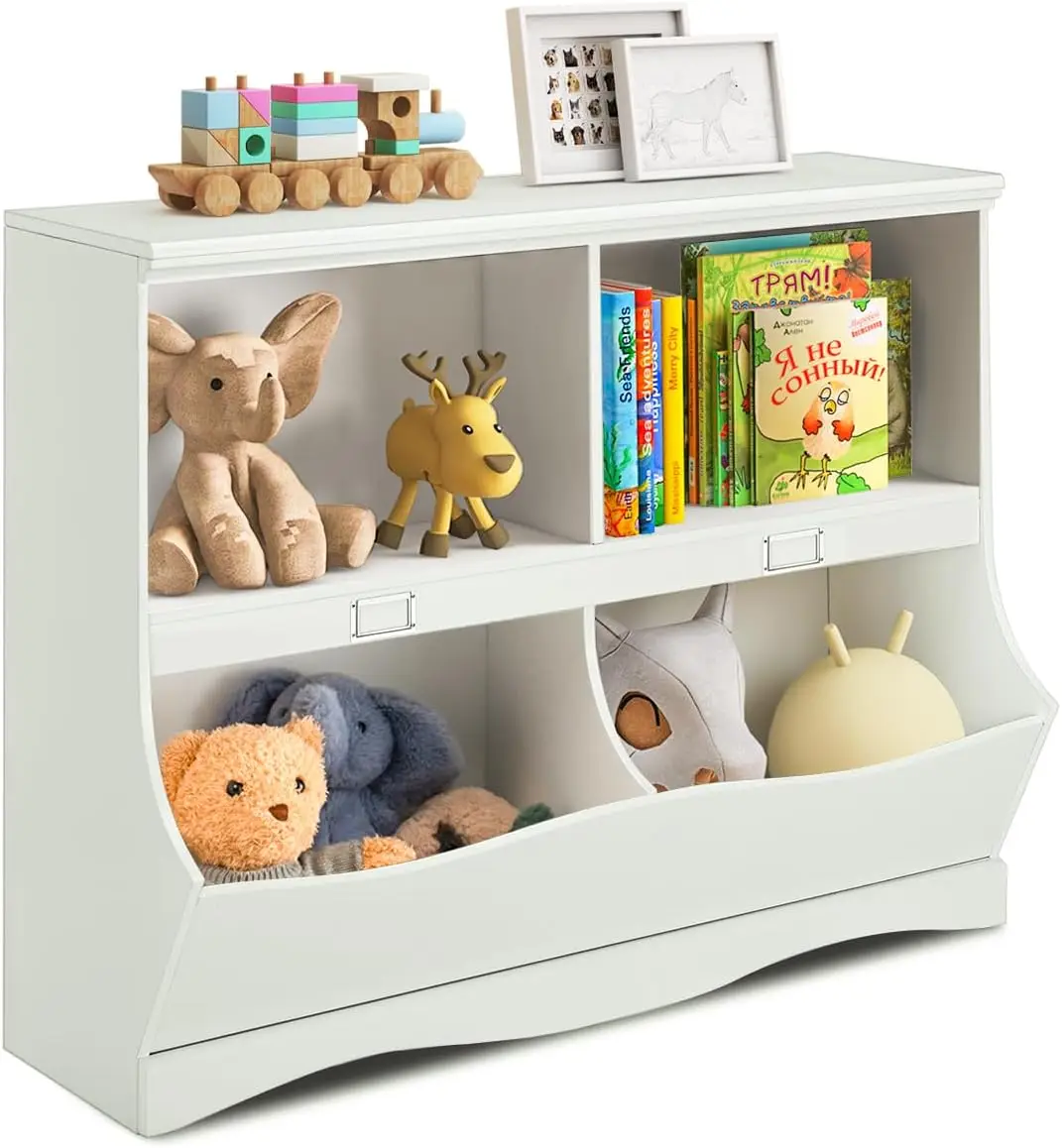 

Toy Organizers and Storage with Footboard, Wooden 4-Cubby Kids Book Shelf and Toys Bin, Multifunctional Modern Toy Cabin