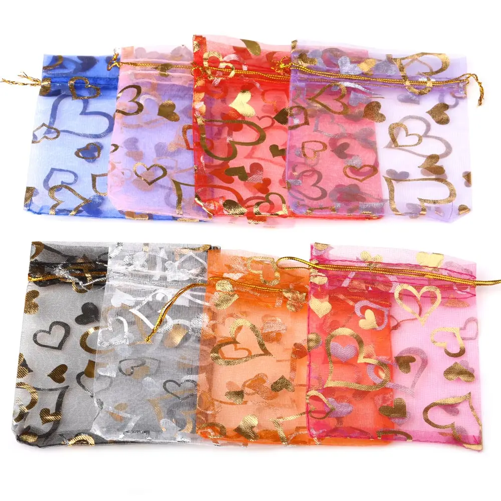 50pcs/Lot Gold Color Love Heart Organza Bags 7x9cm 9x12cm 10x15cm 13x18cm Wedding Party Candy Storage Gift Drawstring Pouches