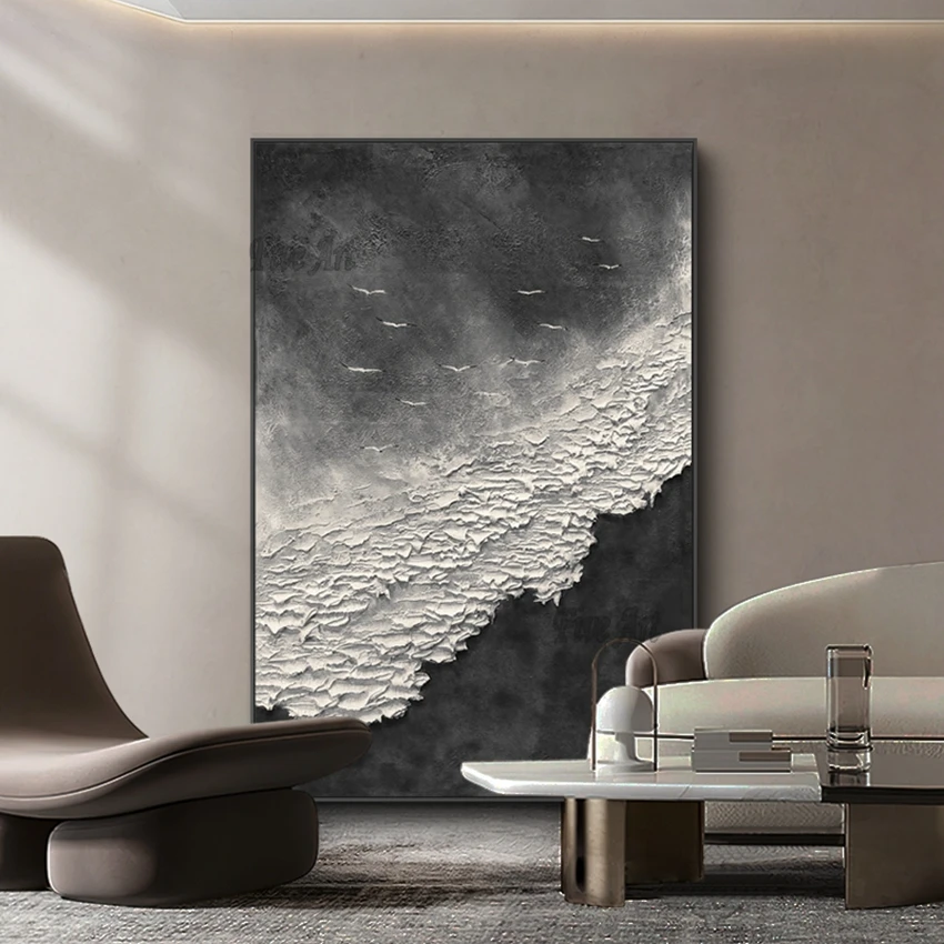 

2023 Thick Texture Canvas Seaside Black And White Art Painting Large Size Wall Picture For Bedroom Custom Artwork Unframed