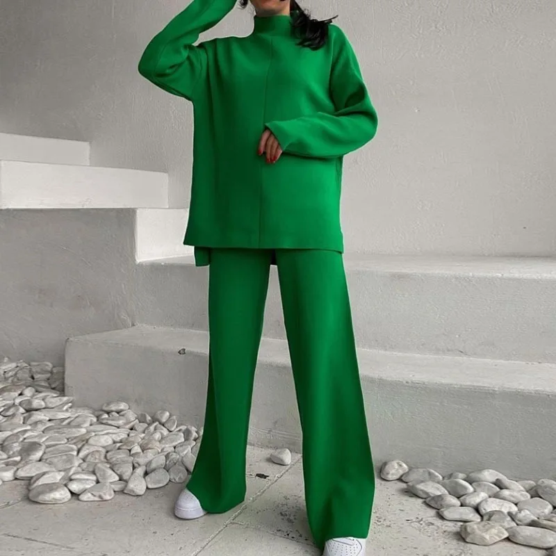 New Women Green Knitted Pants Sets Autumn Winter Stand Collar Loose Sweaters Tracksuits + Wide-Leg Trousers Suits Two Piece Set