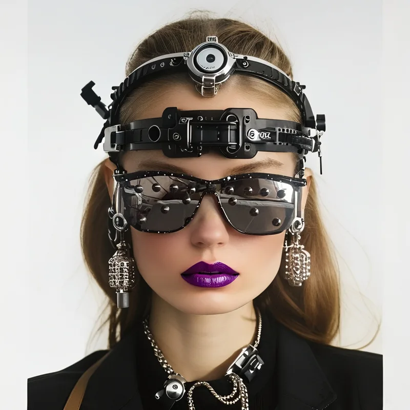 

Handcrafted Punksquare Frame Halloween Futuristic Tech Black Rivet Circular Glasses Sunshade Sun Protection Sunglasses